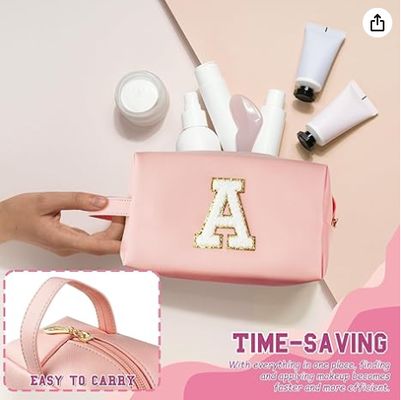 Trousse de Maquillage Initiale Personnalisée avec Poignée, Trousse de Maquillage Preppy avec Poche Intérieure Zippée, Fille de 8 9 10 11 12 13 14 Ans, Cadeaux de Fin d'Études pour Adolescentes Femmes Enseignantes