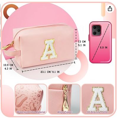 Trousse de Maquillage Initiale Personnalisée avec Poignée, Trousse de Maquillage Preppy avec Poche Intérieure Zippée, Fille de 8 9 10 11 12 13 14 Ans, Cadeaux de Fin d'Études pour Adolescentes Femmes Enseignantes