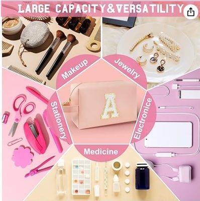 Trousse de Maquillage Initiale Personnalisée avec Poignée, Trousse de Maquillage Preppy avec Poche Intérieure Zippée, Fille de 8 9 10 11 12 13 14 Ans, Cadeaux de Fin d'Études pour Adolescentes Femmes Enseignantes
