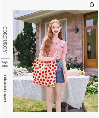 Tote femmes filles, grande capacité corduroy épaule à l'épicerie réutilisable sac avec intérieur