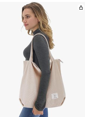 KALIDI Sac fourre-tout en velours côtelé pour femmes, sac à main fourre-tout décontracté avec fermeture éclair, sac à bandoulière grande capacité avec poches