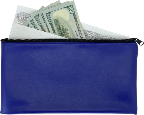 Sac à fermeture éclair pour dépôt de sécurité Blue Bank, extérieur en similicuir enduit de vinyle résistant à l'eau avec doublure intérieure douce. Pour le stockage d'espèces, de chèques, de pièces de monnaie et d'argent, et plus encore. 11x6 pouces