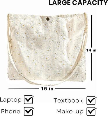 Sac fourre-tout brodé floral pour femmes avec poche, broderie de fleurs, sac à bandoulière, sac à main de plage mignon en toile