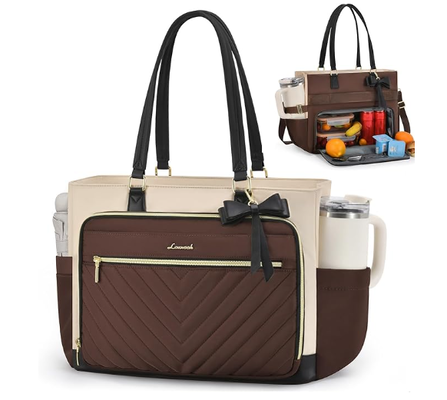 Lunch Tote Bag for Women, Insulated Lunch Bag with Laptop Compartment, Large Capacity Work Tote with Cup Holder, Water Resistant Insulated Bag Leakproof for Teacher Nurse, Office, 15.6 Inch