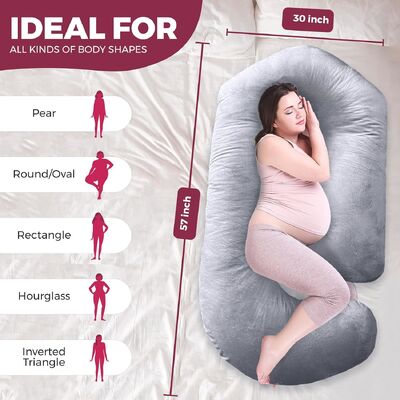 Coussin de grossesse pour dormir – Coussin de maternité de 145 cm pour femmes enceintes avec housse amovible et lavable – Soutien pour le dos, le ventre, le cou, les jambes et les hanches – Coussin corporel complet en forme de V, U, ou C, gris velours