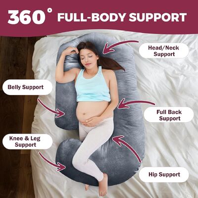 Coussin de grossesse pour dormir – Coussin de maternité de 145 cm pour femmes enceintes avec housse amovible et lavable – Soutien pour le dos, le ventre, le cou, les jambes et les hanches – Coussin corporel complet en forme de V, U, ou C, gris velours