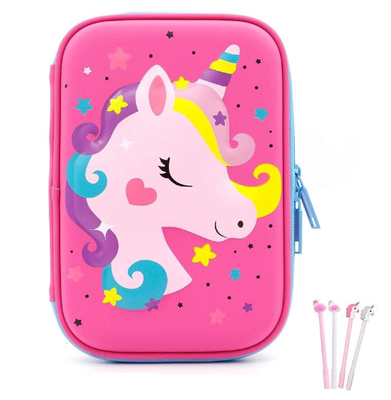 Trousse à crayons licorne mignonne en EVA 3D, boîte à fournitures scolaires antichoc, grande capacité, compartiments multiples, avec 4 stylos licorne ; coque en EVA pour protéger le matériel