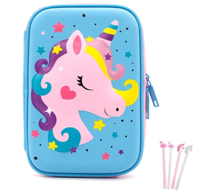 Trousse à crayons licorne mignonne en EVA 3D, boîte à fournitures scolaires antichoc, grande capacité, compartiments multiples, avec 4 stylos licorne ; coque en EVA pour protéger le matériel