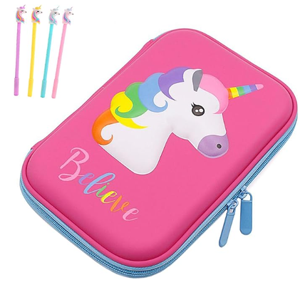 Trousse à crayons licorne mignonne en EVA 3D, boîte à fournitures scolaires antichoc, grande capacité, compartiments multiples, avec 4 stylos licorne ; coque en EVA pour protéger le matériel