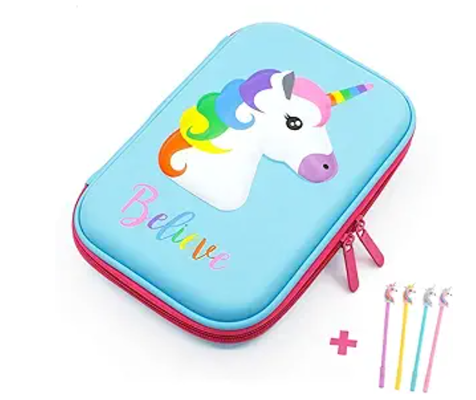 Trousse à crayons licorne mignonne en EVA 3D, boîte à fournitures scolaires antichoc, grande capacité, compartiments multiples, avec 4 stylos licorne ; coque en EVA pour protéger le matériel
