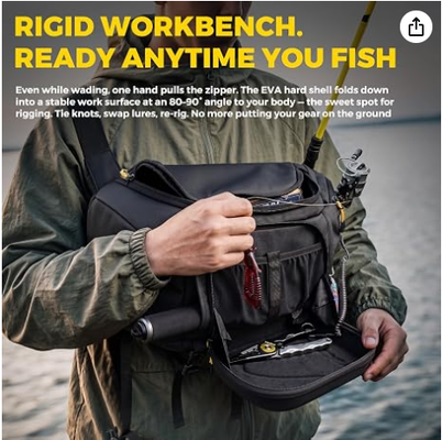 Sac de pêche en bandoulière, coque rigide en EVA avec poste de travail pliable, sac de pêche convertible avant/arrière résistant à l'eau pour 2 plateaux 3600, bandoulière eau salée eau douce