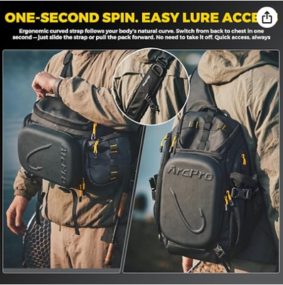 Sac de pêche en bandoulière, coque rigide en EVA avec poste de travail pliable, sac de pêche convertible avant/arrière résistant à l'eau pour 2 plateaux 3600, bandoulière eau salée eau douce