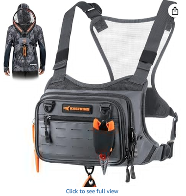 Un sac de pêche pour hommes. EVA poste de travail à fermeture à glissière, stockage MOLLE, sangles de poitrine réglables et système de stockage polyvalent.