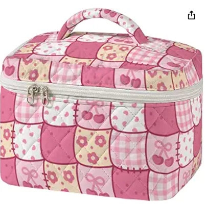 Gros sac de maquillage en couette modèle de couture vintage sac de voyage cosmétique pour femmes patchwork esthétique organisateur de toilettes avec poignée pinceaux de soins de la peau accessoires