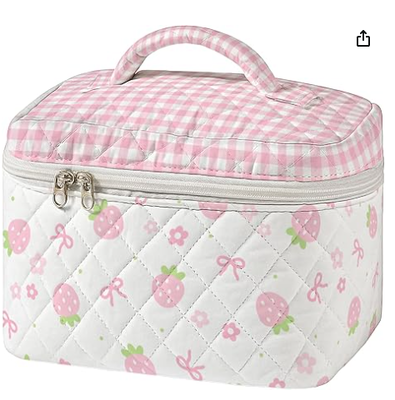 Gros sac de maquillage en couette modèle de couture vintage sac de voyage cosmétique pour femmes patchwork esthétique organisateur de toilettes avec poignée pinceaux de soins de la peau accessoires