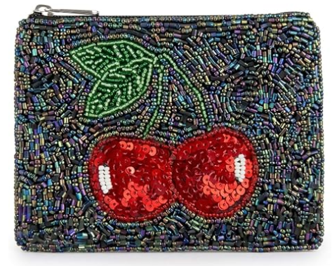 Porte-monnaie à perles avec fermeture éclair, motif cerise | Travail de perles fait main, organisateur compact, porte-espèces, rangement pour cartes, pochette à maquillage, accessoire cadeau, pour le quotidien