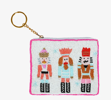 Petit sac à monnaie perlé avec perles détaillées à l'avant et à l'arrière, fermeture à glissière sur le dessus et porte-clés doré, parfait pour un usage quotidien