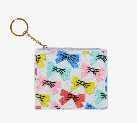 Petit sac à monnaie avec perles complexes, fermeture éclair supérieure sécurisée et porte-clés doré, idéal pour ranger des pièces et de petits objets