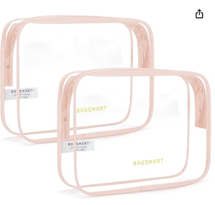 Trousse de toilette transparente avec poignée, lot de 2, approuvée par la TSA, rose | Trousse de toilette de voyage résistante à l'eau, sac d'accessoires de voyage cabine, sacs de taille quart pour avion, aéroport, trousse de maquillage pour femmes et hommes
