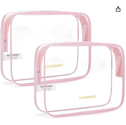 Trousse de toilette transparente avec poignée, lot de 2, approuvée par la TSA, rose | Trousse de toilette de voyage résistante à l'eau, sac d'accessoires de voyage cabine, sacs de taille quart pour avion, aéroport, trousse de maquillage pour femmes et hommes