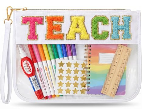 Trousse de maquillage pour professeurs, sac cadeau de remise des diplômes pour femmes | Pochette organisatrice mignonne avec lettres Chenille TEACH. Cadeaux parfaits de fin d'année pour enseignants, trousse cosmétique transparente et essentiels de sacs pour enseignants