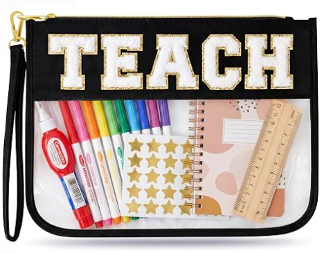 Trousse de maquillage pour professeurs, sac cadeau de remise des diplômes pour femmes | Pochette organisatrice mignonne avec lettres Chenille TEACH. Cadeaux parfaits de fin d'année pour enseignants, trousse cosmétique transparente et essentiels de sacs pour enseignants