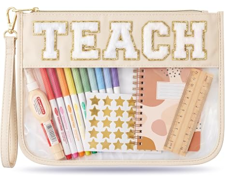 Trousse de maquillage pour professeurs, sac cadeau de remise des diplômes pour femmes | Pochette organisatrice mignonne avec lettres Chenille TEACH. Cadeaux parfaits de fin d'année pour enseignants, trousse cosmétique transparente et essentiels de sacs pour enseignants