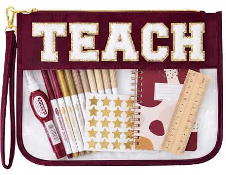 Trousse de maquillage pour professeurs, sac cadeau de remise des diplômes pour femmes | Pochette organisatrice mignonne avec lettres Chenille TEACH. Cadeaux parfaits de fin d'année pour enseignants, trousse cosmétique transparente et essentiels de sacs pour enseignants