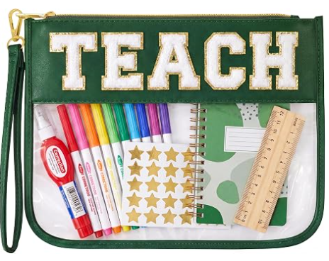 Trousse de maquillage pour professeurs, sac cadeau de remise des diplômes pour femmes | Pochette organisatrice mignonne avec lettres Chenille TEACH. Cadeaux parfaits de fin d'année pour enseignants, trousse cosmétique transparente et essentiels de sacs pour enseignants