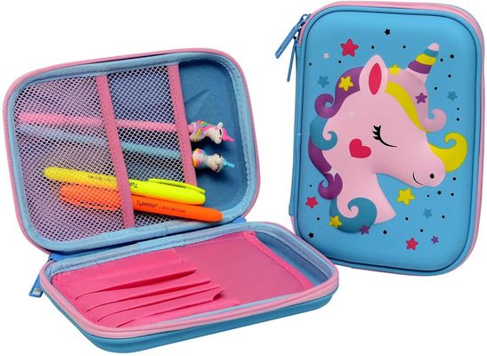 Étui à crayons étanche en EVA avec design de licorne en 3D, poche élastique et intérieur en mousse moulée pour le rangement et le transport